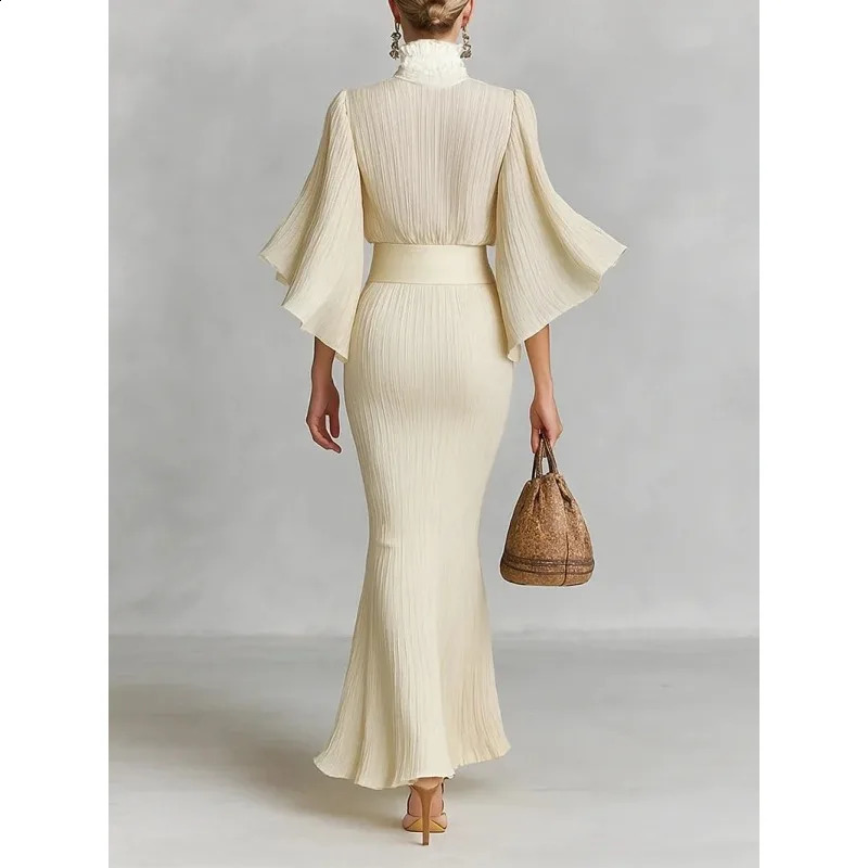 Tinaa Apricot Womens Suit 2026 Spring Ruffles Neck Flare Sleeve Tops High Waist Folds Slit Mermaid Skirt Sets 196198 251205