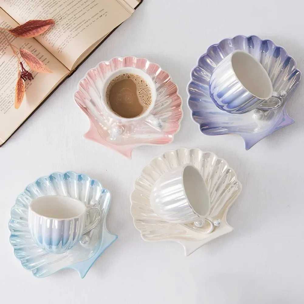 Shell Mug Cup Ceramic Coffee Cups Creative Rare Pearl Plates Set Dessert Dish Milk Tea Tools Changes Color Temperature Glass Mug C251210