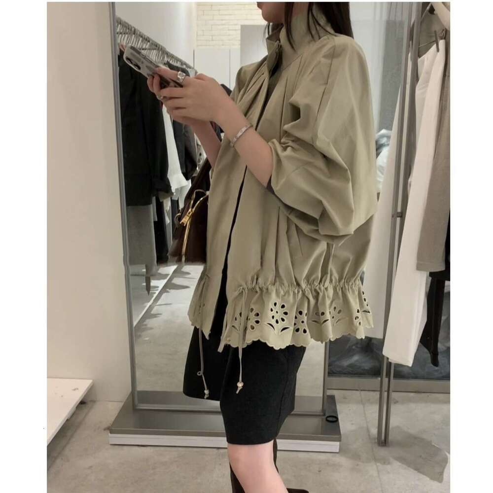 South Korea Autumn New Korean Style Design Stand Collar Flower Bud Hollow Drawstring Trench Coat Short Jacket For Women B5