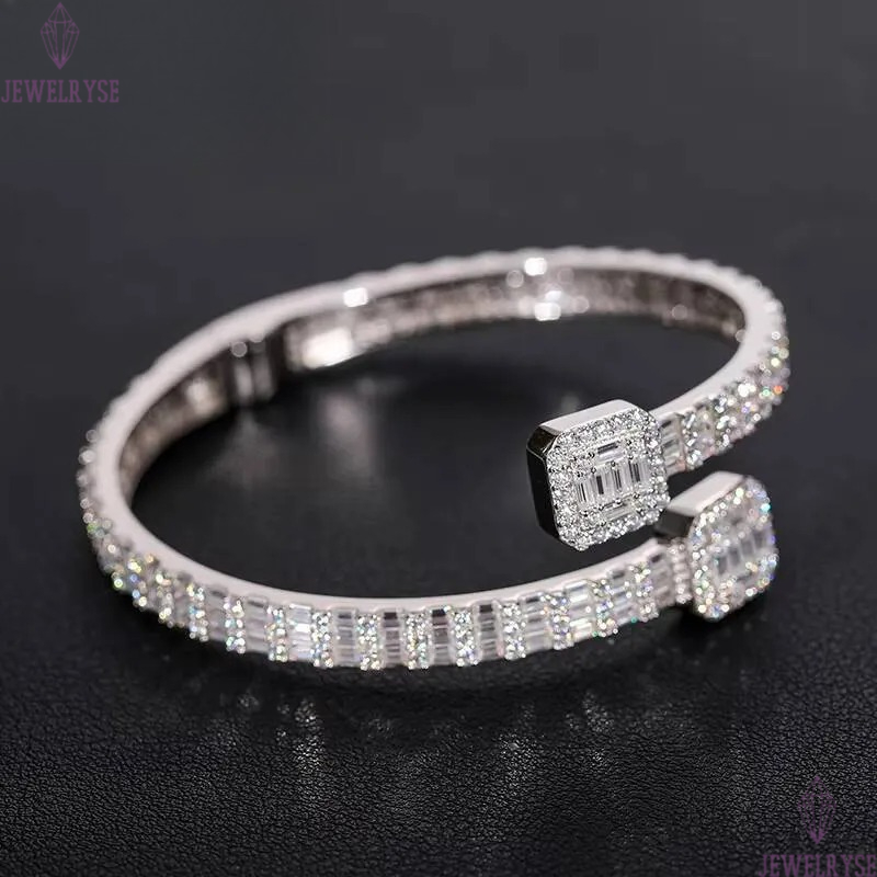 Drop Shipping Hip Hop Jewelry Gold Plated 925 Sterling Silver VVS Baguette Diamond Iced Out Love Cuff Bangle Bracelet for Women