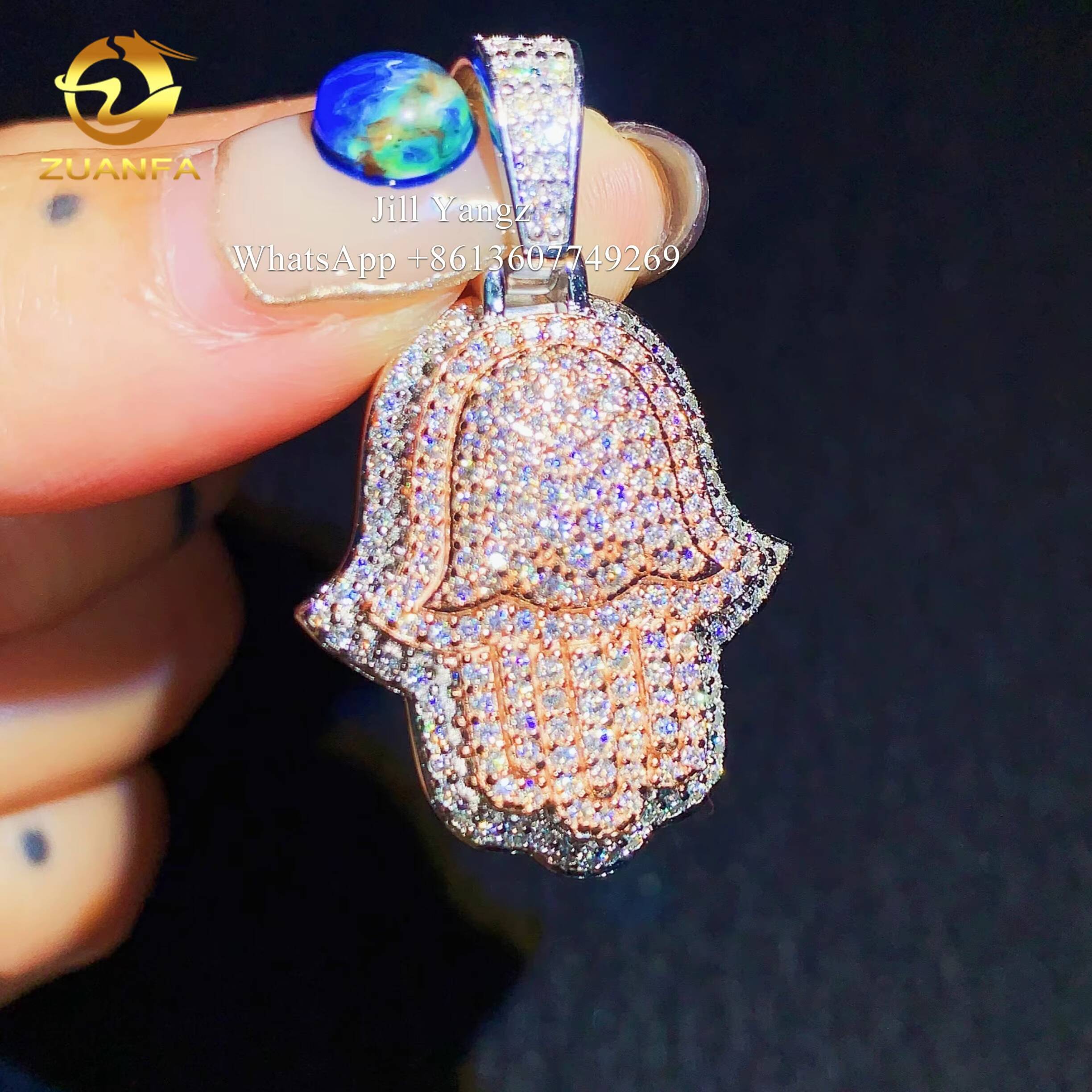 Lucky Charm Hamsa Hand Pendant Moissanite Pendants Fatima Hand Iced Out Jewelry Custom Moissanite Pendant 2 Tone