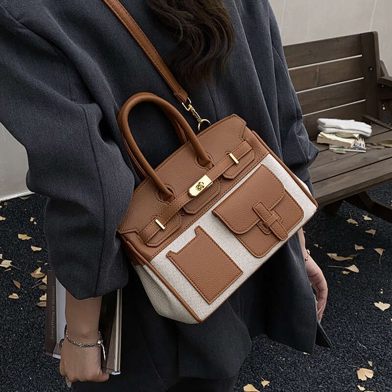 Fashion Color-Block Large Capacity New Commuter Versatile Crossbody High-End Feel Women's Handbag Platinum Bag