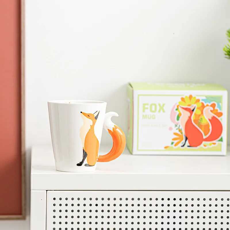 Creative Animal Ceramic Mug cartoon animal coffee cup Ceramic fox Cartoon Coffee mugs fox tail Handle Personzed water Cups C251210
