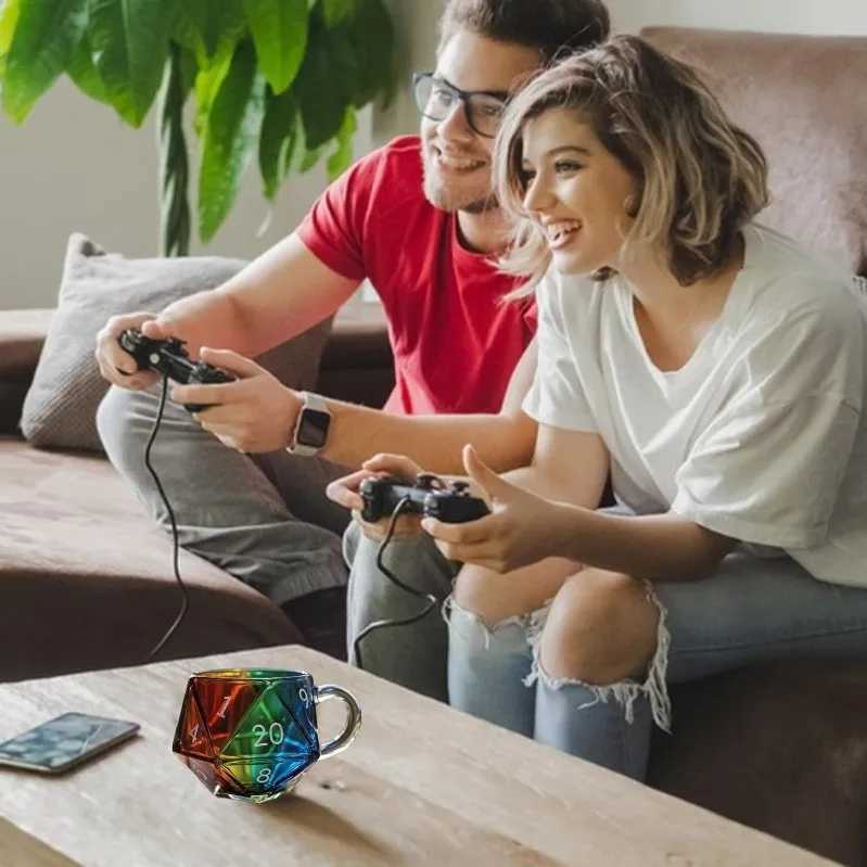 Rainbow D20 Dice Mug with Handle D20 Dice Glass Cup Transparent Glass Game Mug Gift for Fantasy Lovers C251210