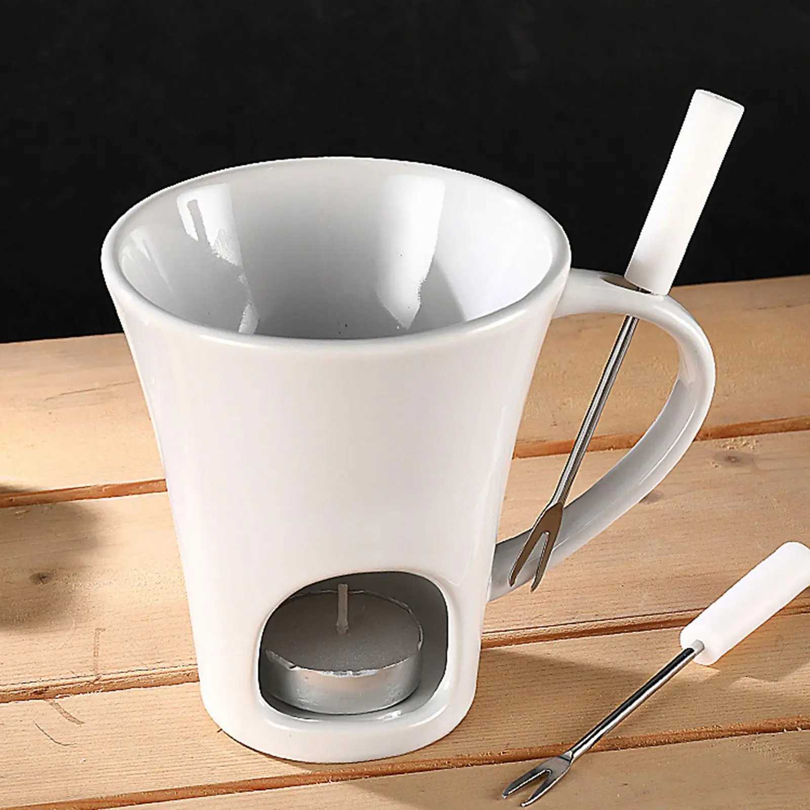 Chocolate Fondue Mug Set with fork and candle Mini Fondue Pots Cheese Ice Cream Fondue Maker Kit Butter Melter Cup Small Warmer C251210