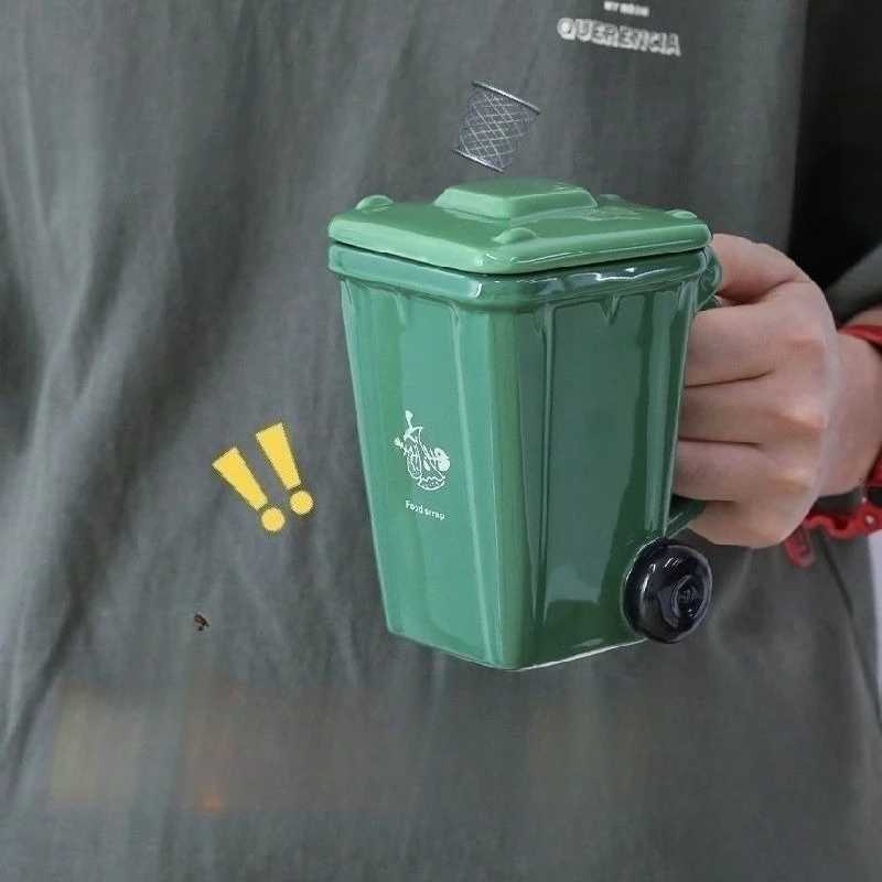 Funny Trash Can Ceramic Mug Trendy Green Office Coffee Mugs Breakfast Milk Oat Cups Couple Water CupBirthday Gift Kawaii Cup C251210