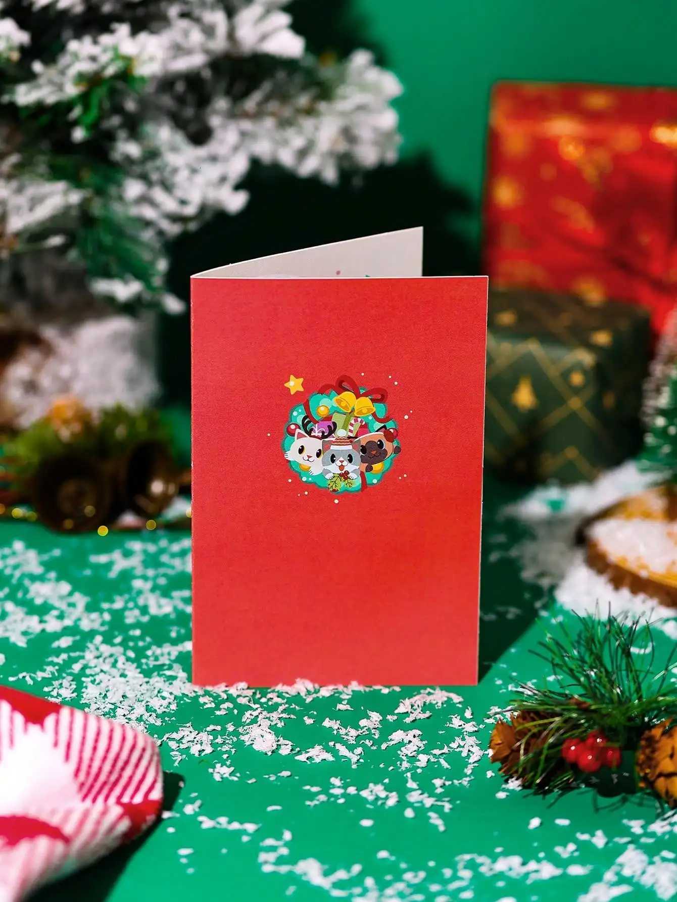 Christmas Kitty -Up Card - 3D Greeting for Her Merry Christmas Gift with Cat Pattern H251210