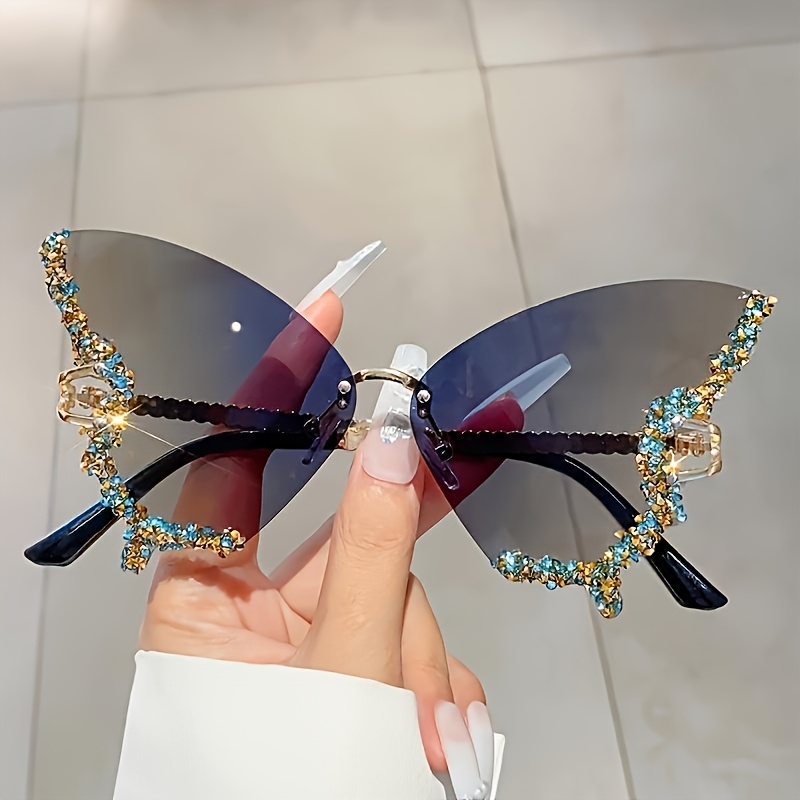 Set of 8 Women's Butterfly Rhinestone Fashion Glasses - Blue Sparkly Decor, Metal Frame Everyday Accessory, Trendy Glasses, A Must-Have for Enthu