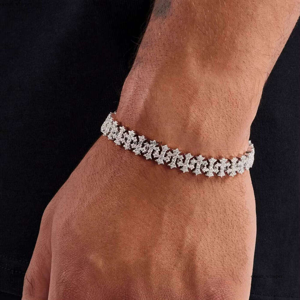 VVS Moissanite Hip-Hop 11.5mm Bracelet Iced Out Full Straight Pull Micro Pave Cross Chain for Men and Women Daily Wear