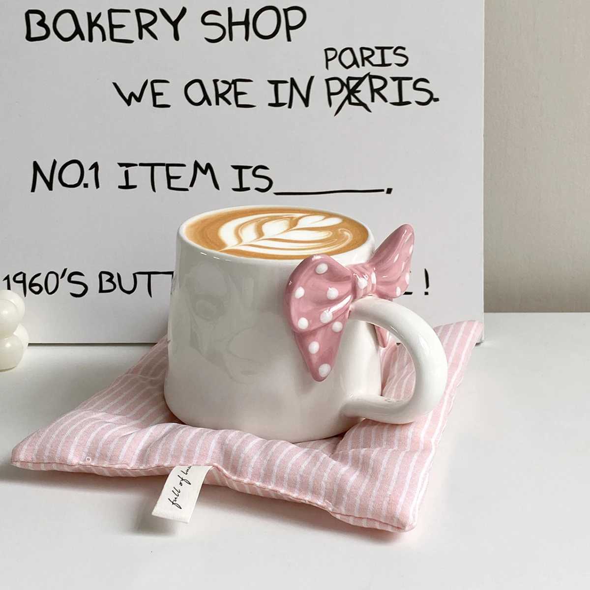 1Pc Polka Dot Bow Mug Creative Bow Handle Ceramic Mug Exquisite Polka Dot Design Suitable for Home Decoration Living Room Bedroom Diningt C251210