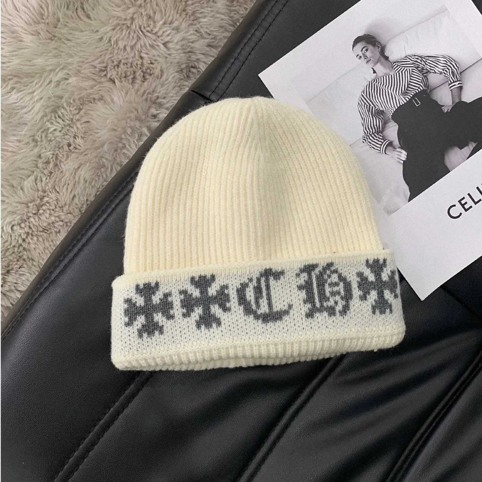 Luxury 1PC Black Knitted Beanie Hat Gothic Cross Pattern Warm Winter Cap Unisex Fashion Streetwear Headwear Soft Elastic Knit Hat Y251209