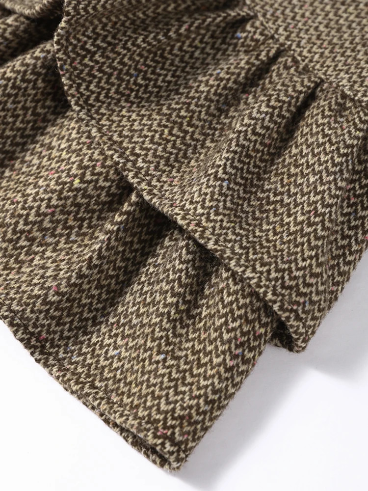 Womens Brown Skirt Jacket Set Stand Collar Bomber Jacket Coat Matching Ruffled Skirts Vintage Casual Outfit Autumn Streetwear 251209