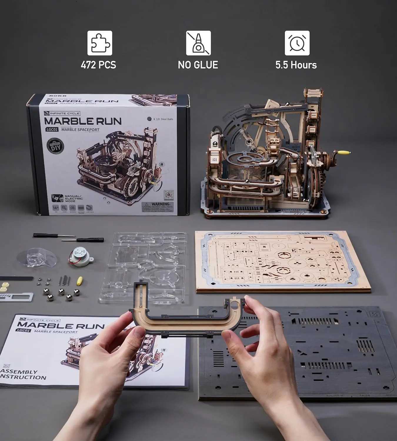 Robotime Rokr Electric Model Kits Marble Spaceport 3D Puzzles Brain Teaser Wooden Puzzles Building Toy Gifts for Men/Women/TeensT251210