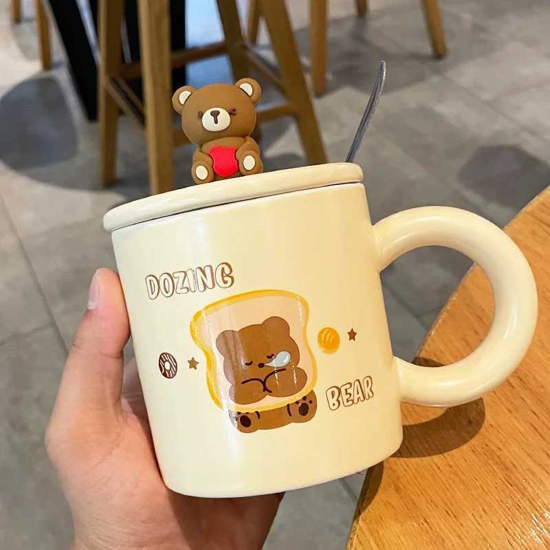 Creative Bear Ceramic MugCute Cartoon Coffee Mugs with Lid SpoonBreakfast Milk Drink CupsCouple Water CupOffice Tea Cup Set C251210