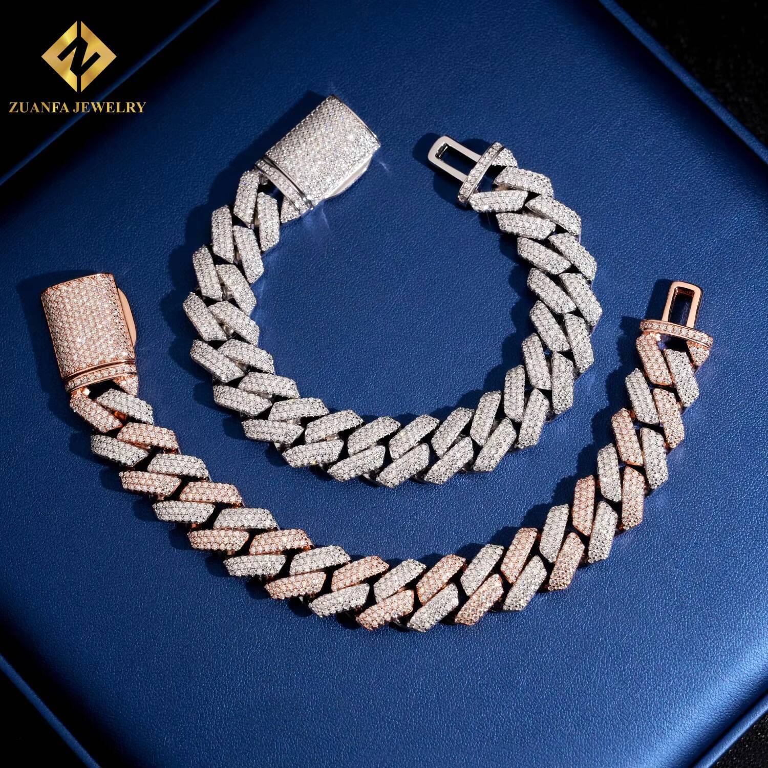 Wuzhou Zuanfa Hip Hop Menfor Bracelet Necklace 925 Silver 15mm Two Tone Moissanite Miami Cuban Link Chain Rock Jewelry