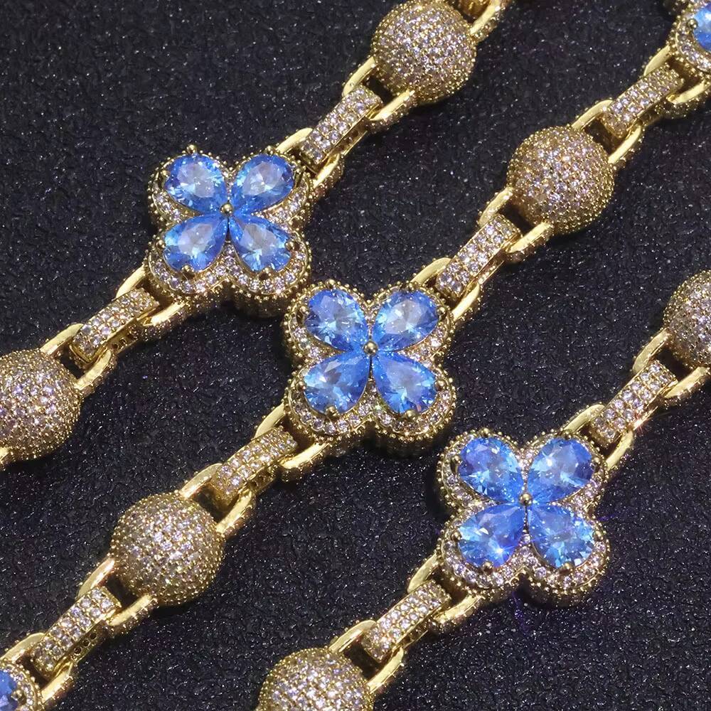 NUOYA Iced Out Four Leaf Clover Spherical Cuban Link Chain Bracelet Gold Silver Plated Diamond Zircon Hip Hop Jewelry