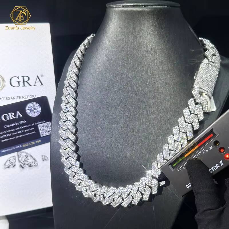 Iced Out Jewelry VVS Diamonds Custom Necklace Hip Hop 925 Silver 3 Rows Moissanite Diamond Iced Out Cuban Link Chain