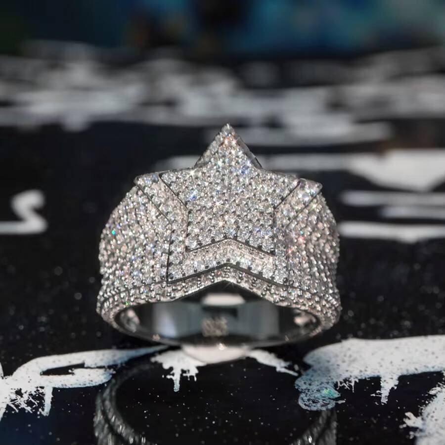VVS Hip Hop Mens Moissanite Cluster Double Five-Point Star Ring 925 Sterling Silver Passes Diamond Tester Fine Jewelry