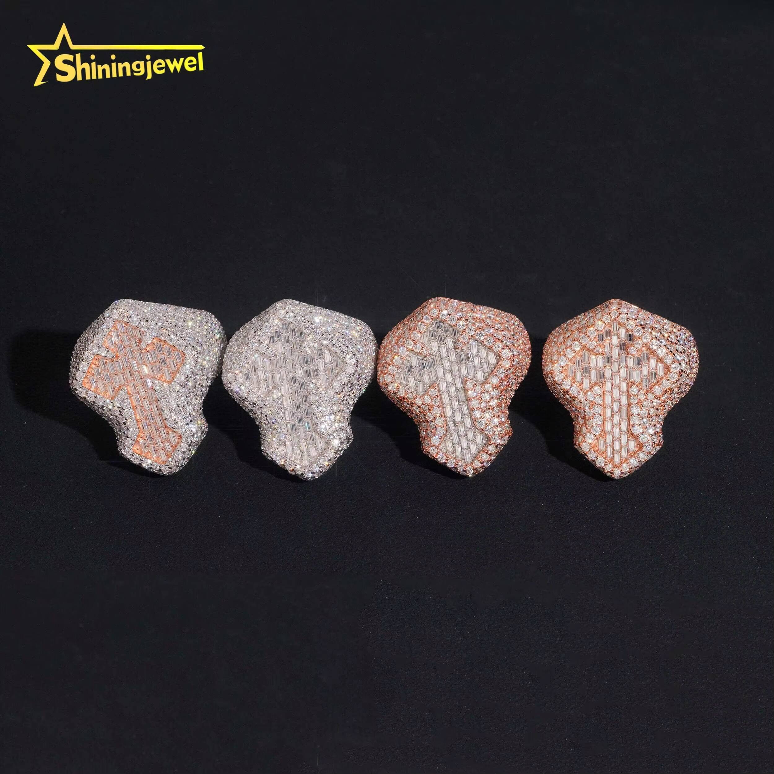 IG Hot Selling 2 Tone Plated Baguette Moissanite Ring Hip Hop Cross Ring Stocks 925 Silver Fully Iced Championship Ring VVS GRA