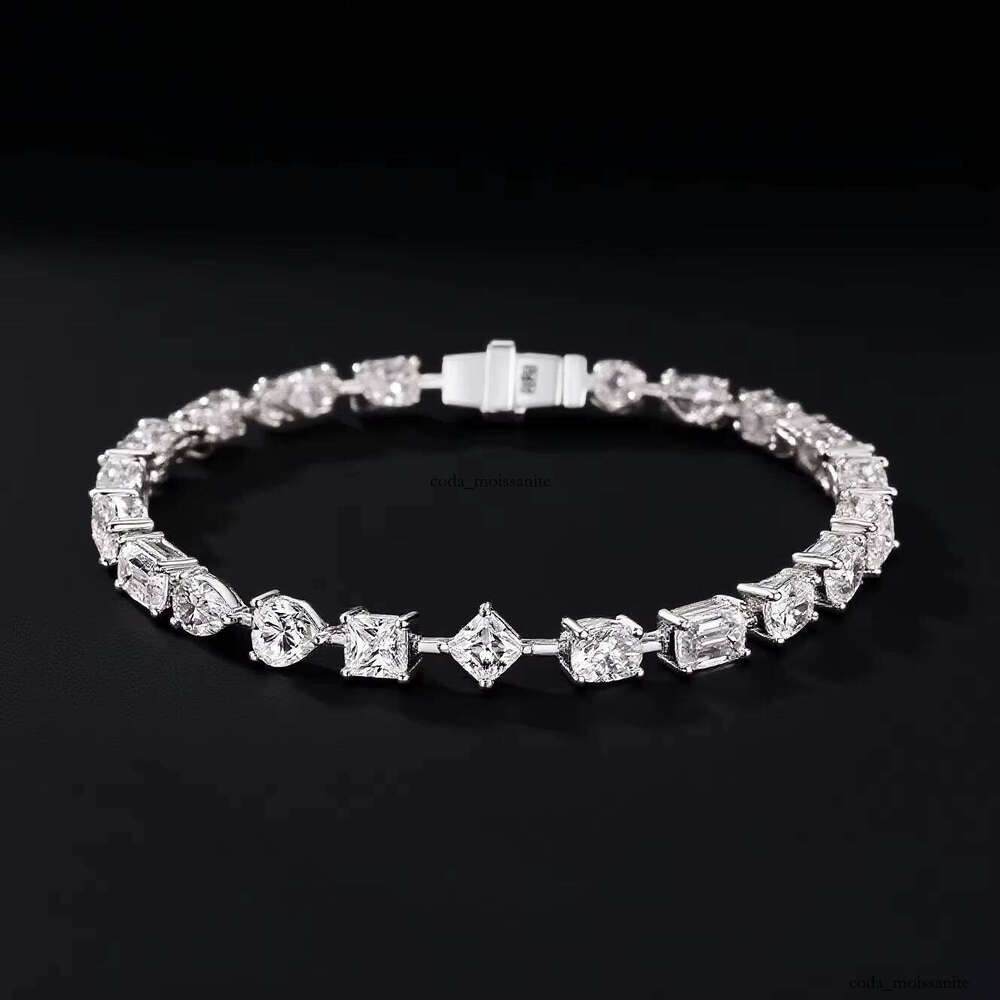 Shiny VVS Moissanite Mixed Cut Tennis Bracelet with Round Princess Baguette Gemstones 925 Silver 18k White Gold Plated Hip Hop Jewelry