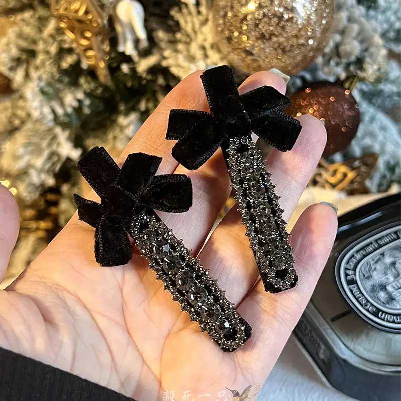 2pcs/set Sweet Bow Rhinestone Hair Clips Girls Kaii Cute Heaear Veet Bowknot Duckbill Clips Kids Sided Clips Bangs Hairpin Y251210
