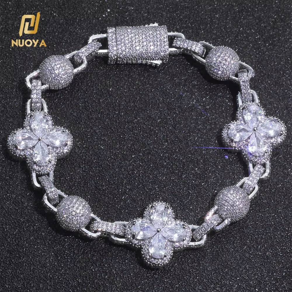 NUOYA Iced Out Four Leaf Clover Spherical Cuban Link Chain Bracelet Gold Silver Plated Diamond Zircon Hip Hop Jewelry