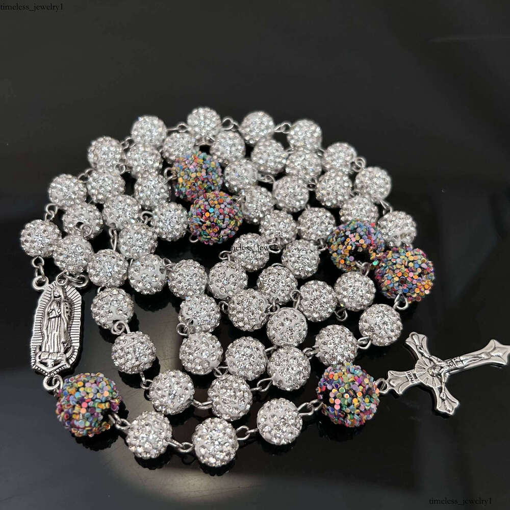 VVS Moissanite 10mm Rhinestone Beads Paved Disco Ball Beaded Necklace Shiny Polymer Clay Catholic Virgin Mary of Guadalupe Rosary