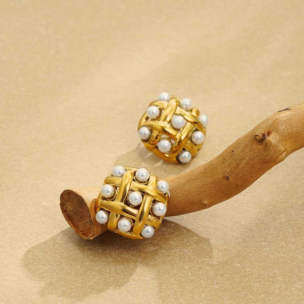 Vintage Gold Plated Stainl Steel Earrings for Wen Metal Weave Double Layer Imitation Pearl Stud Earring Elegant Jewelry Y251210
