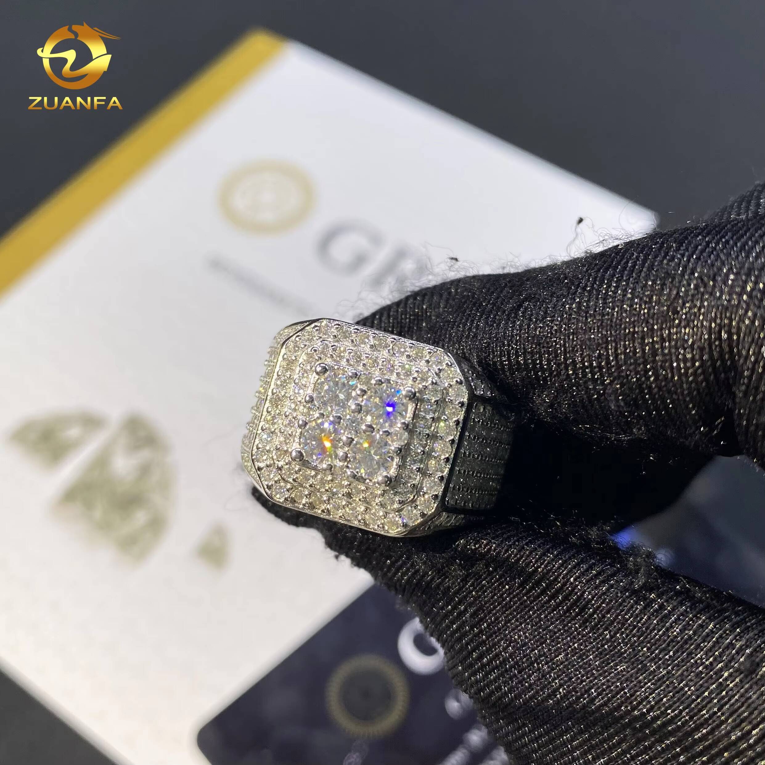 RTS Hot Sale Square Ring Custom Hip Hop Rapper JewelryVVS Moissanite Iced Out 925 Silver Rings Diamond Men Ring