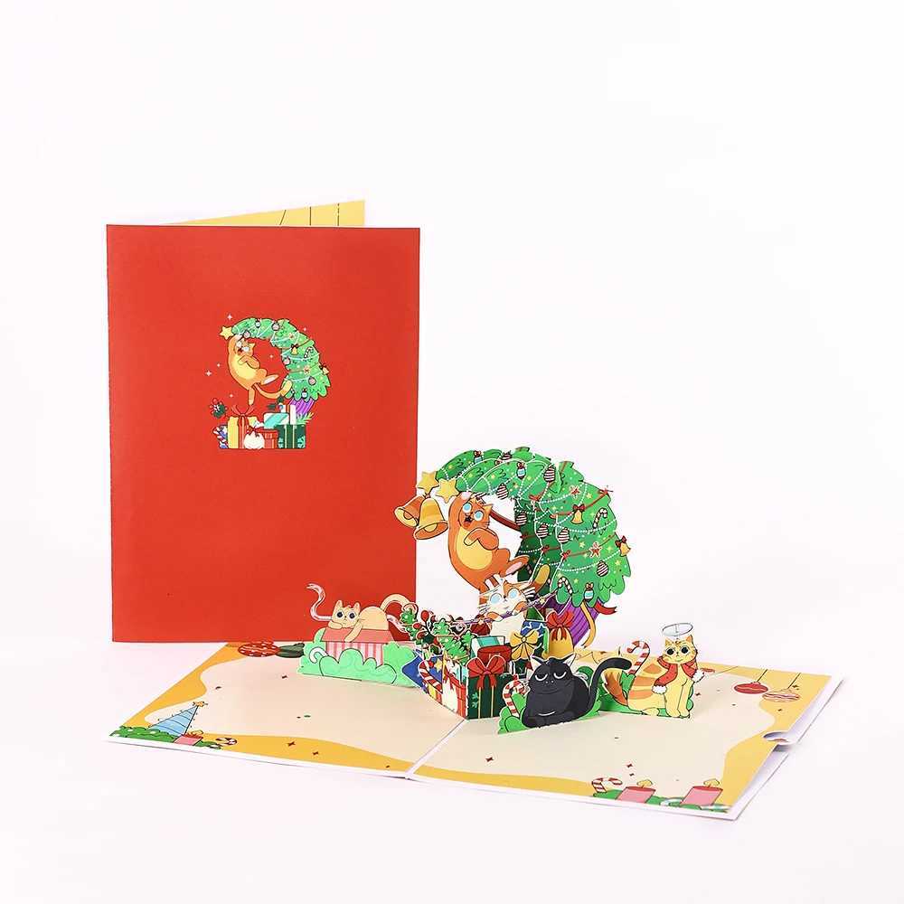 Christmas Greeting Card Crescent Shape Xmas Tree Gifts Cute Nauty Cat Greeting Cards Creative Party Invitation With Envelope H251210