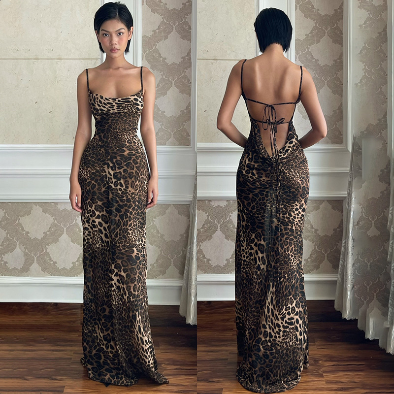 CF24216 Spaghetti Strap Sexy Backless Leopard Print Dress Summer New Elegant Gown Long Dress 250823