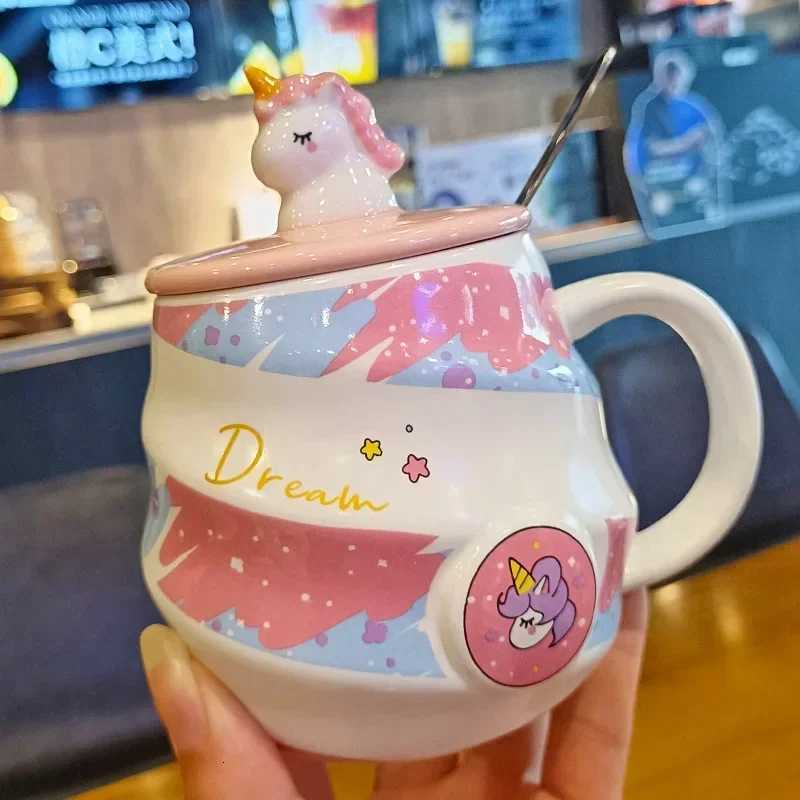 Creative Unicorn Ceramic MugCartoon Covered Spoon Coffee MugsCute Couple Water Cup Breakfast Milk Cups Birthday Gift Tea Cup C251210