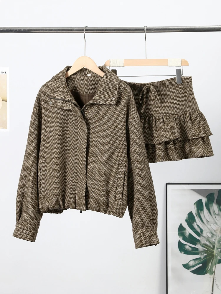 Womens Brown Skirt Jacket Set Stand Collar Bomber Jacket Coat Matching Ruffled Skirts Vintage Casual Outfit Autumn Streetwear 251209