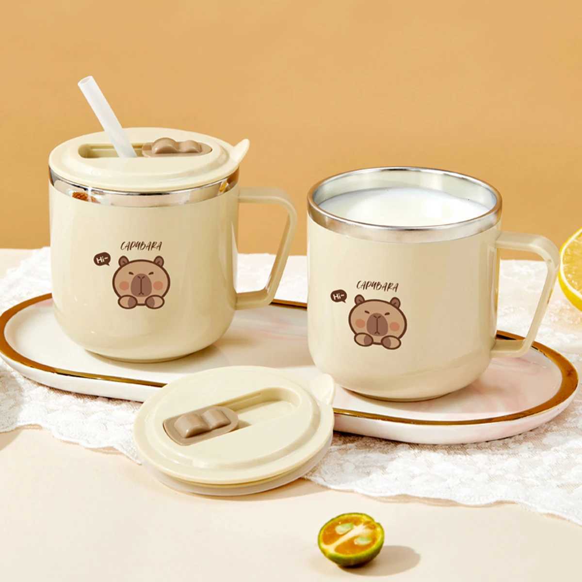 316 Stainless Steel Thermos Mug For Kids Capybara Portable Leak-proof Double Wall Insulated Milk Coffee Cup With StrawHandle C251210