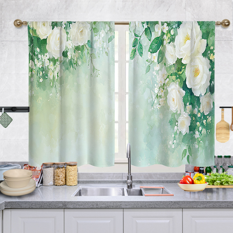 YL-37926 Spring Floral Digital Print Kitchen Filter Curtain Living Room Cafe Bathroom Short Curtain Rod