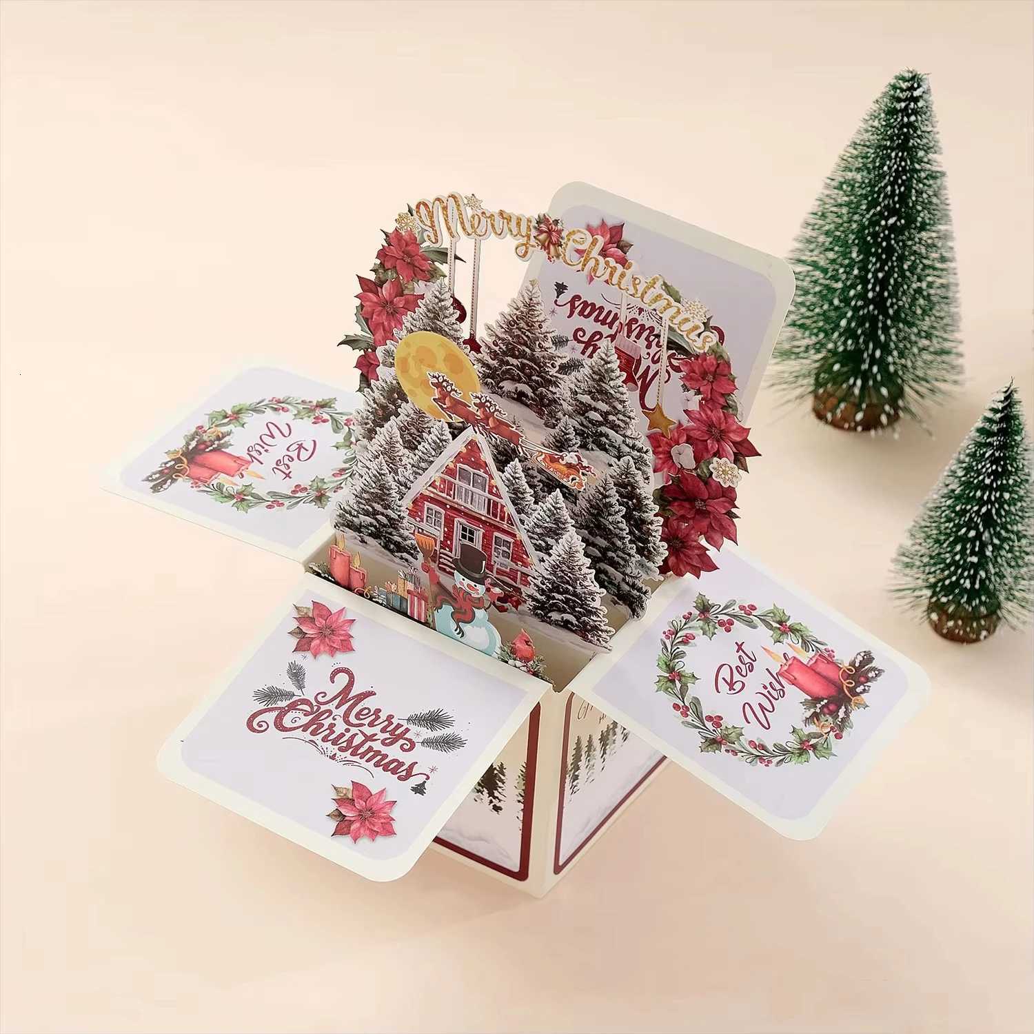 3D Up Greeting Cards Merry Christmas Cards New Year Greeting Cards Blessing Santa Claus Deer Snowman Cards Decor H251210