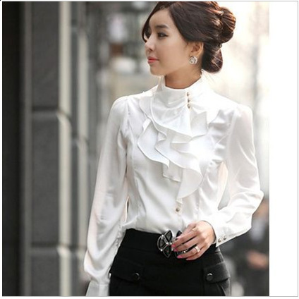 Stylish Asymmetrical Tops Womens Spring Autumn Blouse Elegant Ruffles Blusas Female Stand Collar Long Sleeve Shirts Oversized 241019