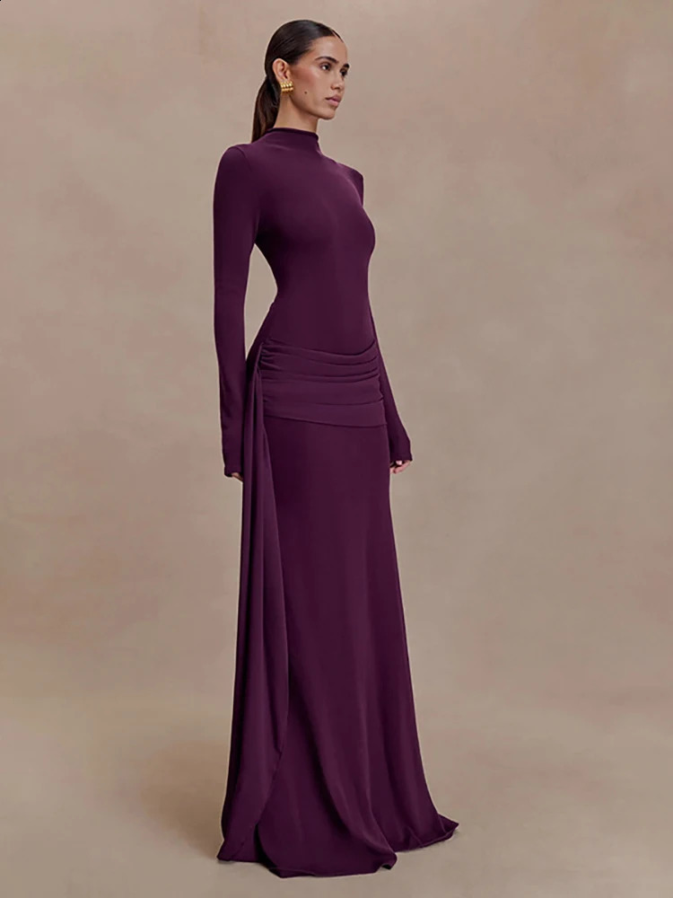 JULISSA MO Womens Turtleneck Maxi Long Sleeve Skinny High Waist Ribbon Detail - Elegant Winter Party Evening Dress C260312
