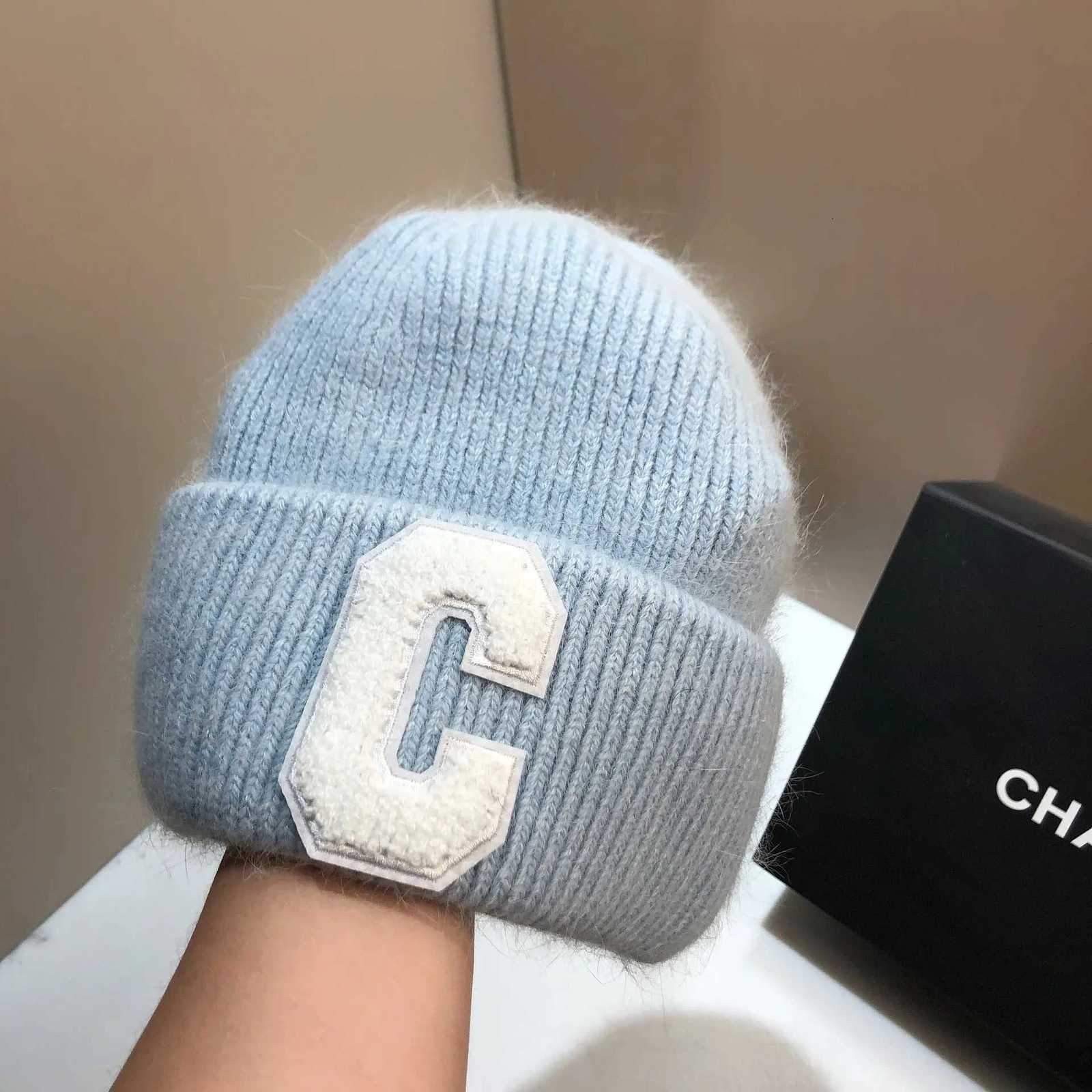 Luxury 1 PC Luxury Real Rabbit Fur Beanies Women Designer Letter C Winter Hat Fashion Knitting Bonnet Soft Fluffy Warm Skullies Cap Y251209