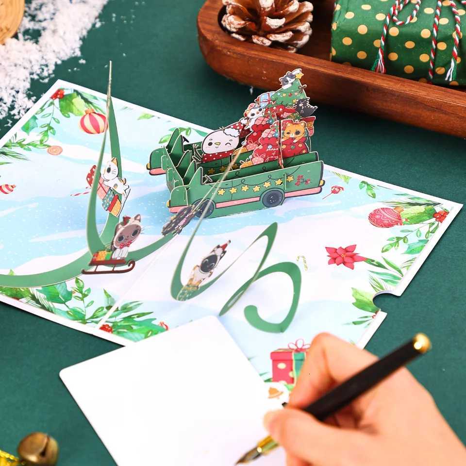 1pc Merry Christmas -Up Card Christmas Tree Woodland Reindeer Cardinal Poinsettia Greeting Card with Note Card and Envelop H251210