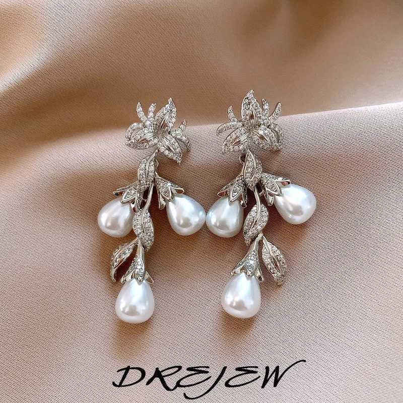 DREJEW wers and Leaves Zircon Pearl Tassel Earrings for Wen Fashion Long Drop Earring Light Luxury High-end Wedding Jewelry Y251210