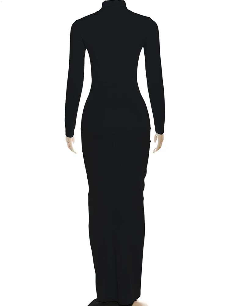 kliou Womens Shirring Maxi Dress - Turtleneck Long Sleeve Bodycon, Solid Autumn Style, Elegant High Street Trend Vestidos C260312