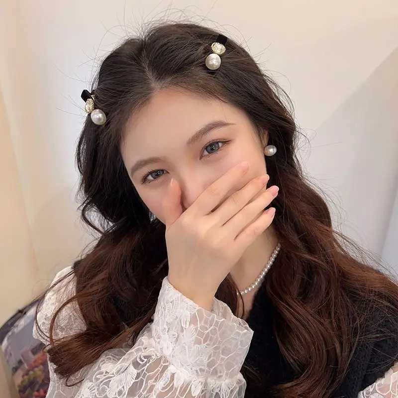 2/4pcs Pearl small fragrance side clip piece for wen exquisite black veet bangs hair clip retro new high-end clip Y251210