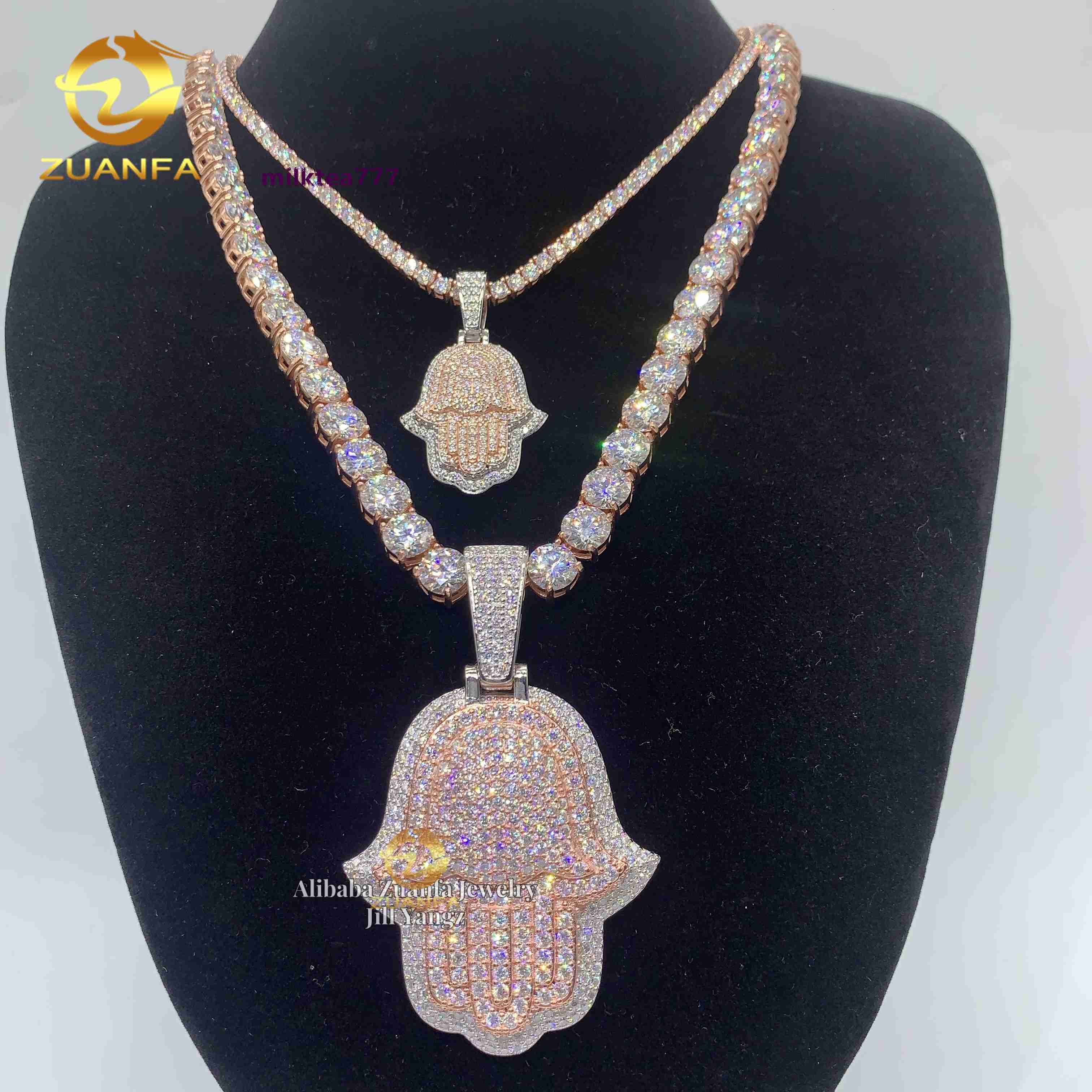Lucky Charm Hamsa Hand Pendant Moissanite Pendants Fatima Hand Iced Out Jewelry Custom Moissanite Pendant 2 Tone