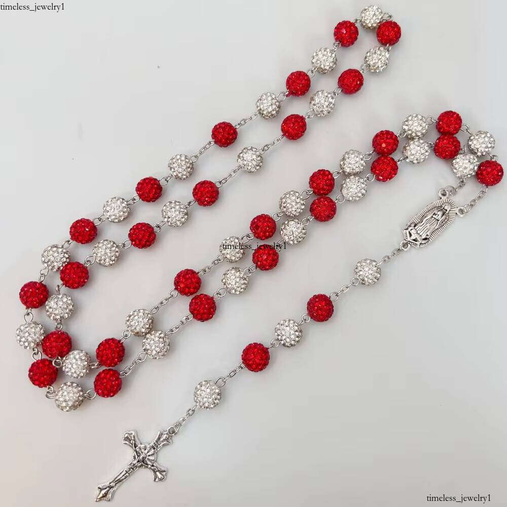 VVS Moissanite 10mm Rhinestone Beads Paved Disco Ball Beaded Necklace Shiny Polymer Clay Catholic Virgin Mary of Guadalupe Rosary