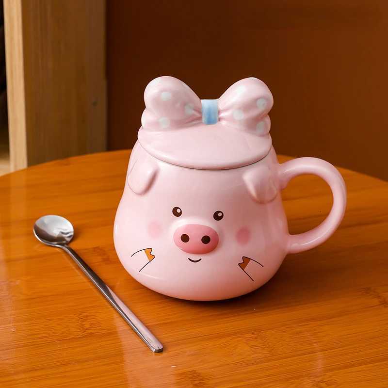 Creative Ceramic Pig Cups Cartoon Coffee Cup Covered Spoon 3D Drinkware Breakfast Milk Mug Afternoon Tea Lover Mugs Couple Gift C251210