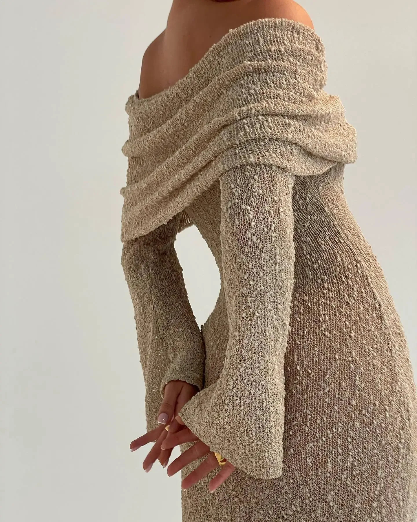 Sleeve Sexy Hollow Out Knitted Dresses Women Elegant Off Shoulder Knit Long Dress Party Evening See Through Robe Vestidos 251210 C260312