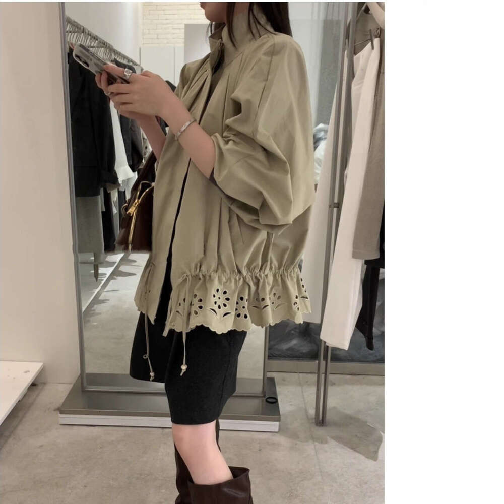 South Korea Autumn New Korean Style Design Stand Collar Flower Bud Hollow Drawstring Trench Coat Short Jacket For Women B5