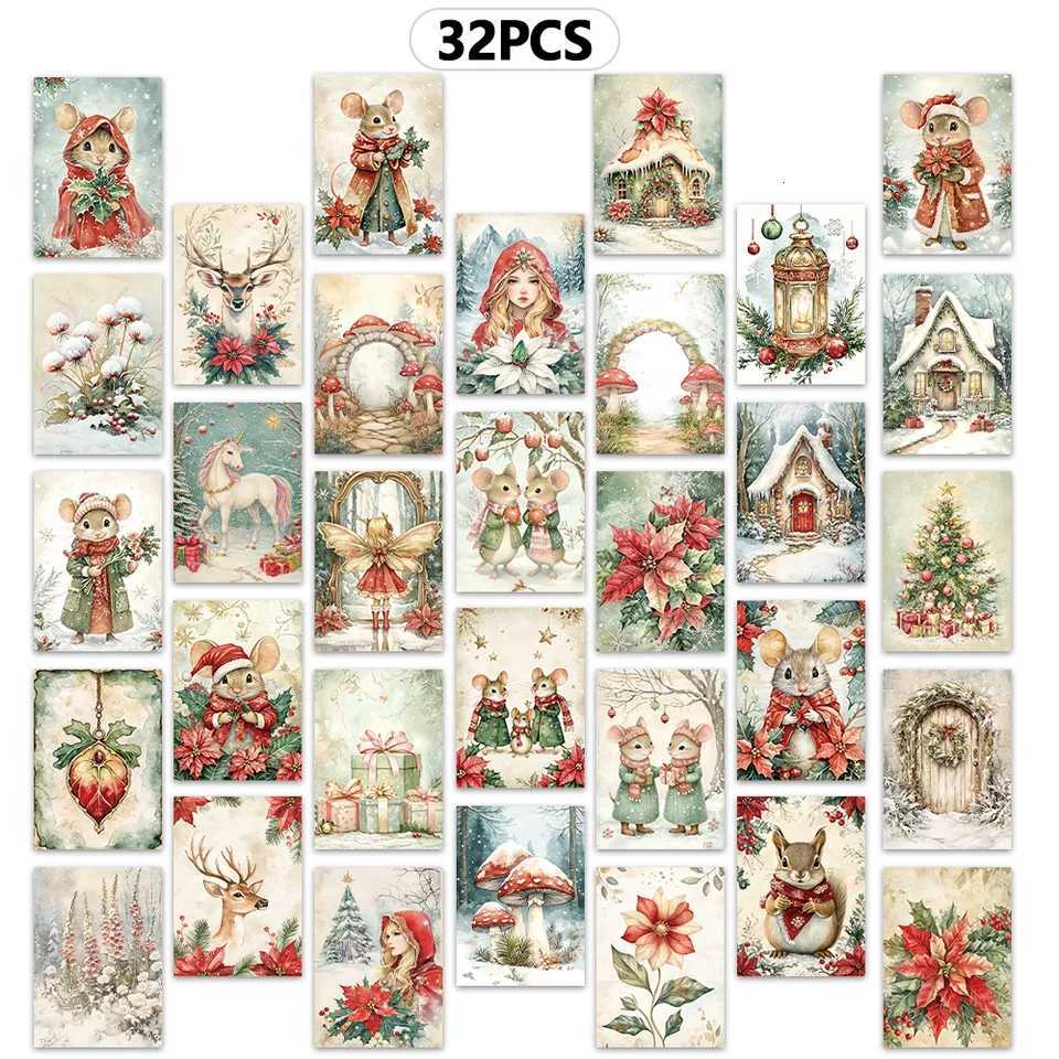 32pcs Christmas Postcards Set Snowy Scene Cozy Cabin Design High-Quality Thick Cardstock Perfect Holiday Gift for Students H251210