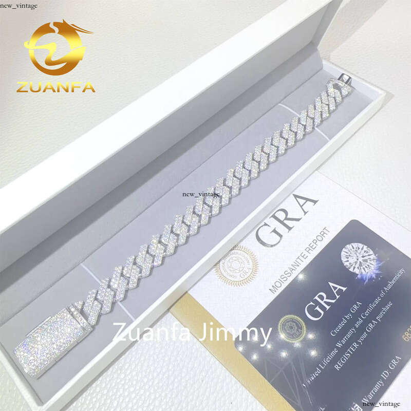 In Stock 13mm 2 Row 925 Sterling Silver Iced Out Hip Hop Jewelry VVS1 Sand Stone VVS Moissanite Cuban Chain Bracelet for Men